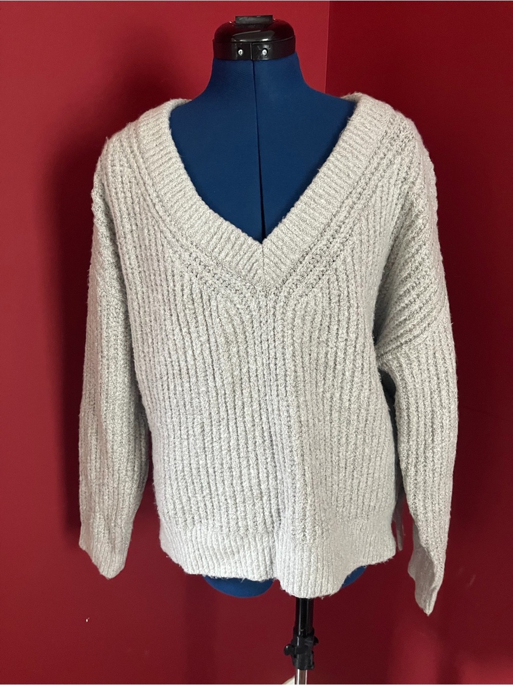 Lucky Brand Gray Chunky Ribbed Knit V-Neck Pullover Sweater